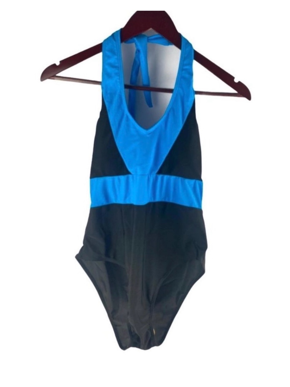 Blue & Black One-Piece Halter Swimsuit